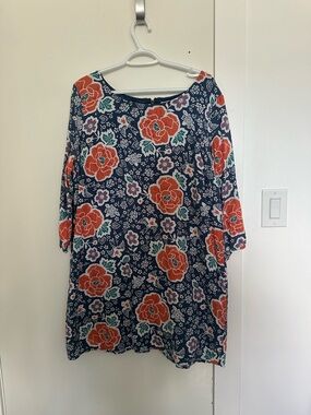 Women's Blue Floral Tunic Top with Orange Blooms